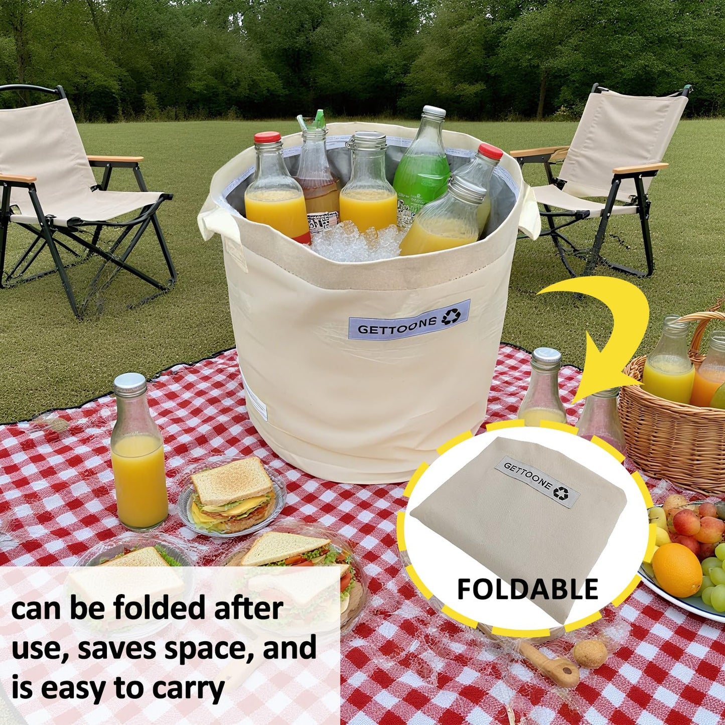 GETTOONE Collapsible Ice Bucket for Drinks, White Party Cooler with Insulated Lining & Carry Handles, Portable Folding Champagne Wine Beer Bucket for Indoor Outdoor Event (M)