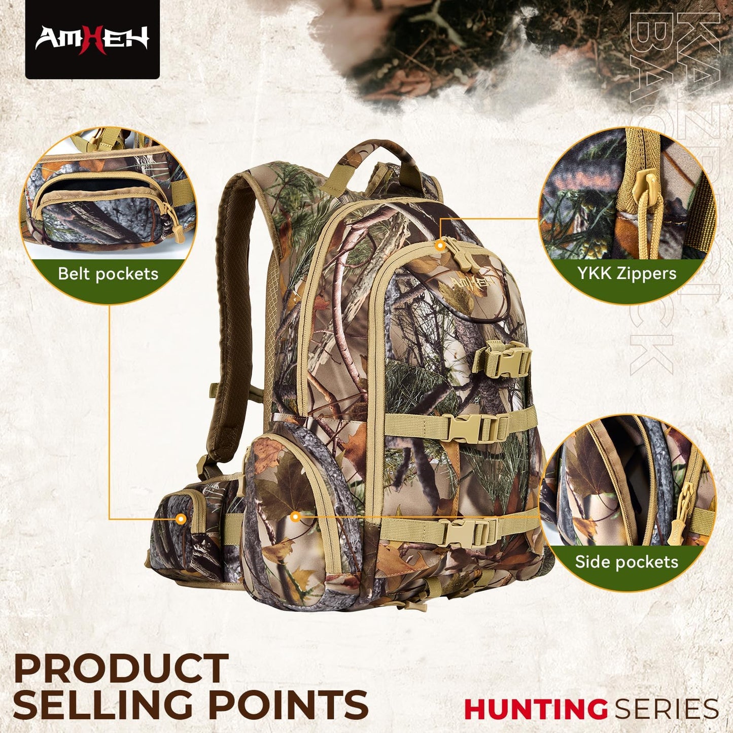 AMHEH Hunting Backpack for Men Outdoor Waterproof 31L Durable Hunting Day Pack for Bow Rifle Forest Camo