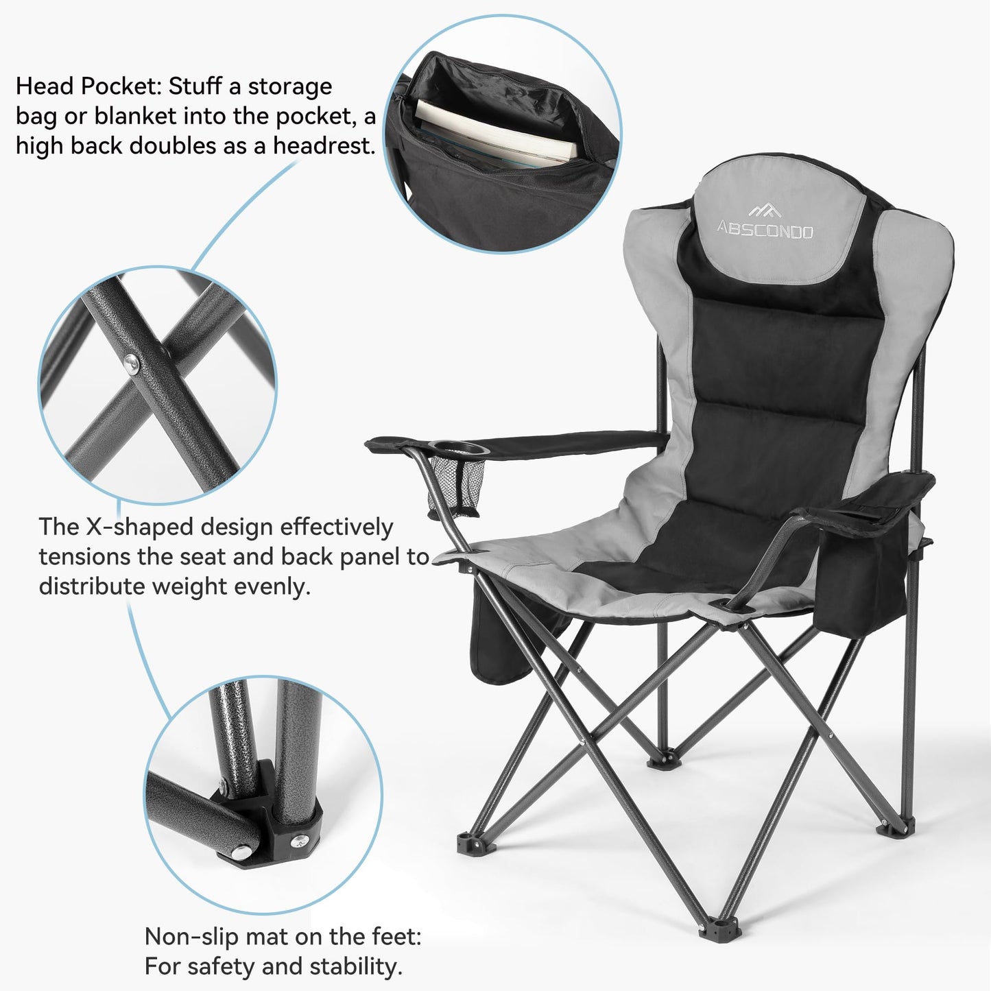 ABSCONDO Camping Chairs for Adults, Oversized Folding Camp Chair for Outdoor with Cup Holder & Cooler Bag, XL Heavy Duty Lawn Chairs Supports up to 350lbs (2 Pcs, Black)