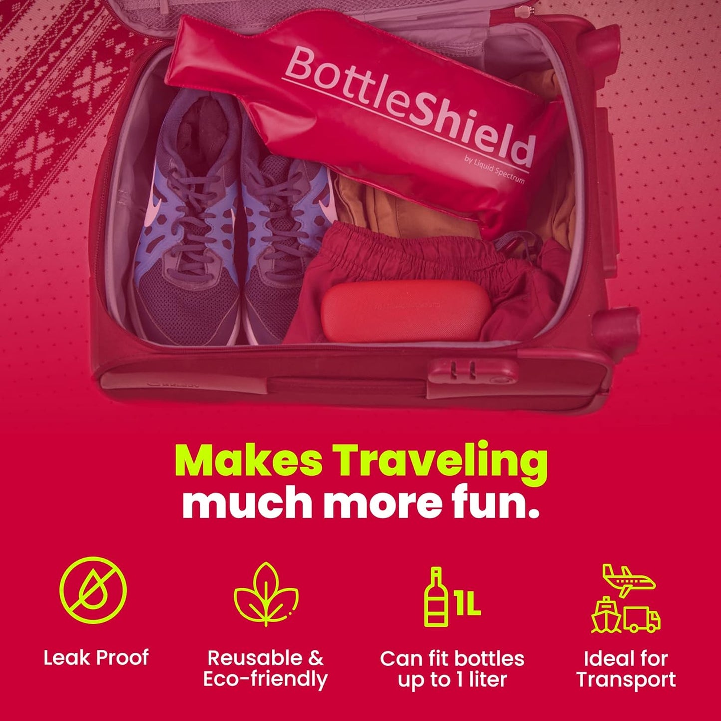 Reusable Wine Protector Travel Bag by Bottle Shield (6-pack) - Unbreakable Bottle Shipping Sleeve, Leak Proof & Double Layer Wine Bubble Wrap Sleeve | Travel Wine Bags for Suitcase Luggage, Red
