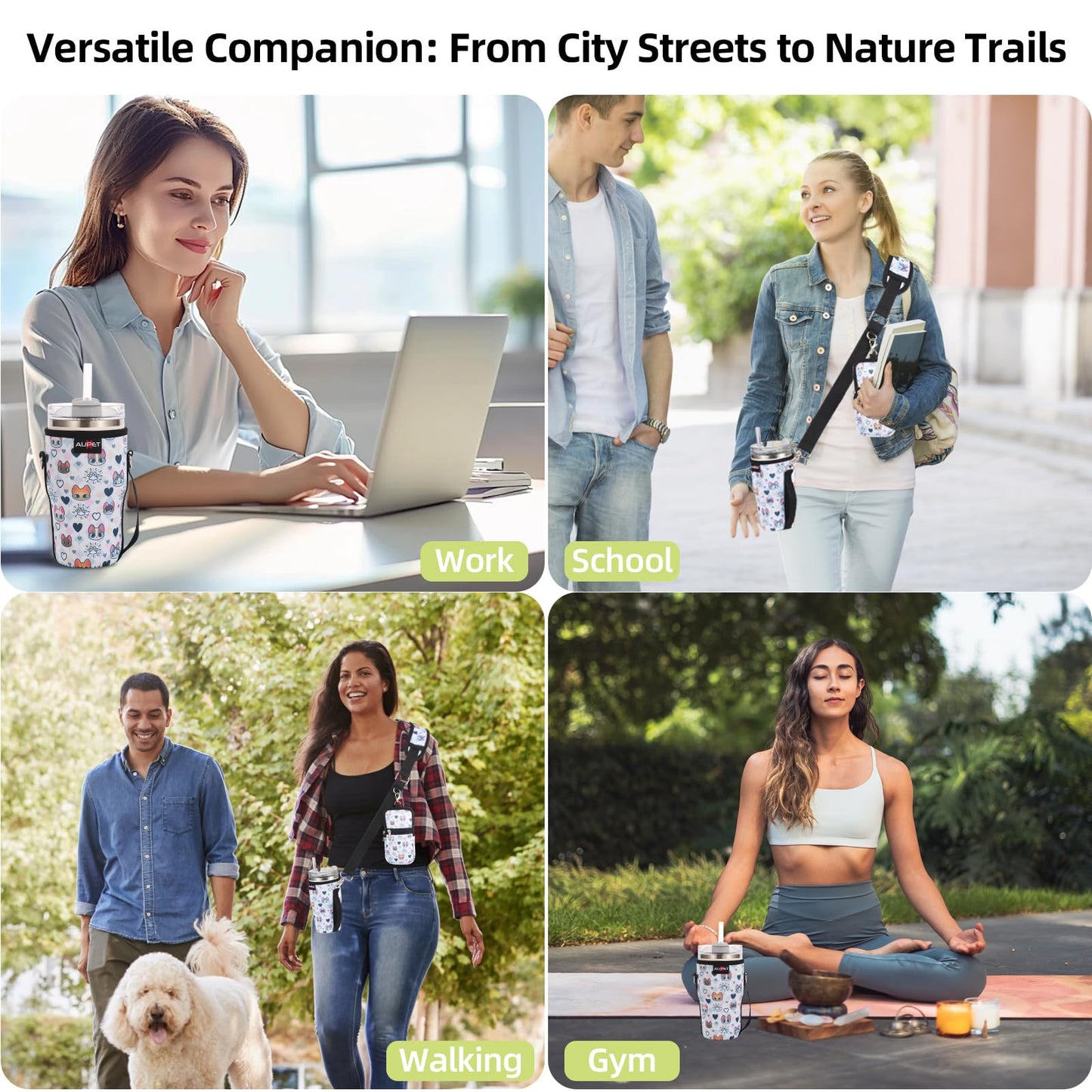 AUPET Water Bottle Holder Carrier Bag fit for 30/20 /14 oz Stanley Flowstate IceFlow Yeti Tumbler,Cup Accessories Sleeve Sling with Phone Pouch & Strap (Cute cat Heart, fit for Tumbler 20oz)