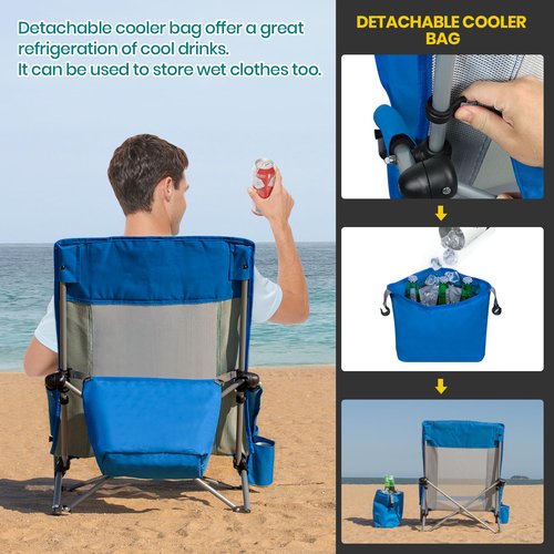 XGEAR Beach Chair Sturdy Beach Chairs for Adults with Cooler Bag, High Back Camping Chair with Side Pocket, Cup Holder & Carry Bag, for Outdoor Sand-Blue