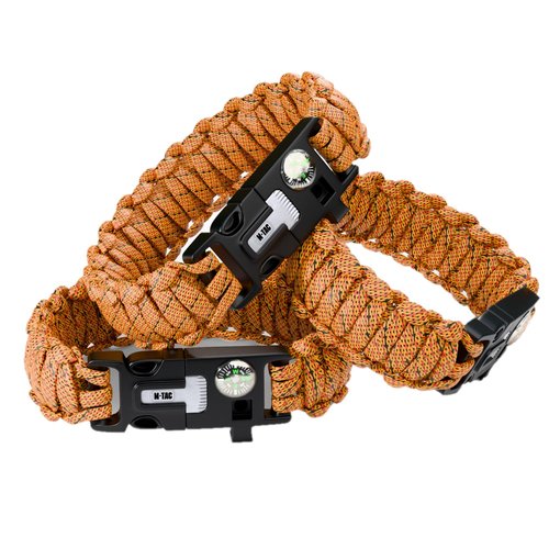 M-Tac Survival Paracord Bracelet – 12 ft Emergency Rope with Compass & Whistle – Tactical Cord for Camping, Hiking, EDC (Orange, Medium Set of 3)