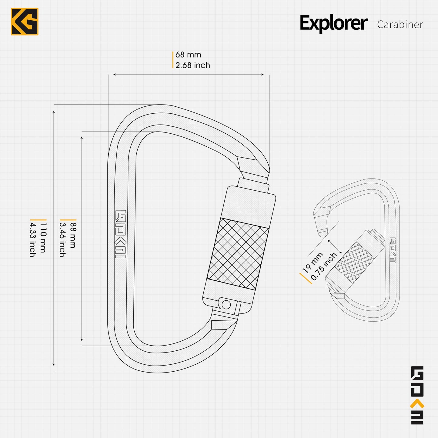 GDK2 Explorer CE Certified 50kN Screwgate Locking Carabiner in Size 4.33 x 2.68 inch, Heavy-Duty Carabiners for Climbing, Mountaineering, and Rappelling, Alloy Steel, Midnight Black,1 Pack
