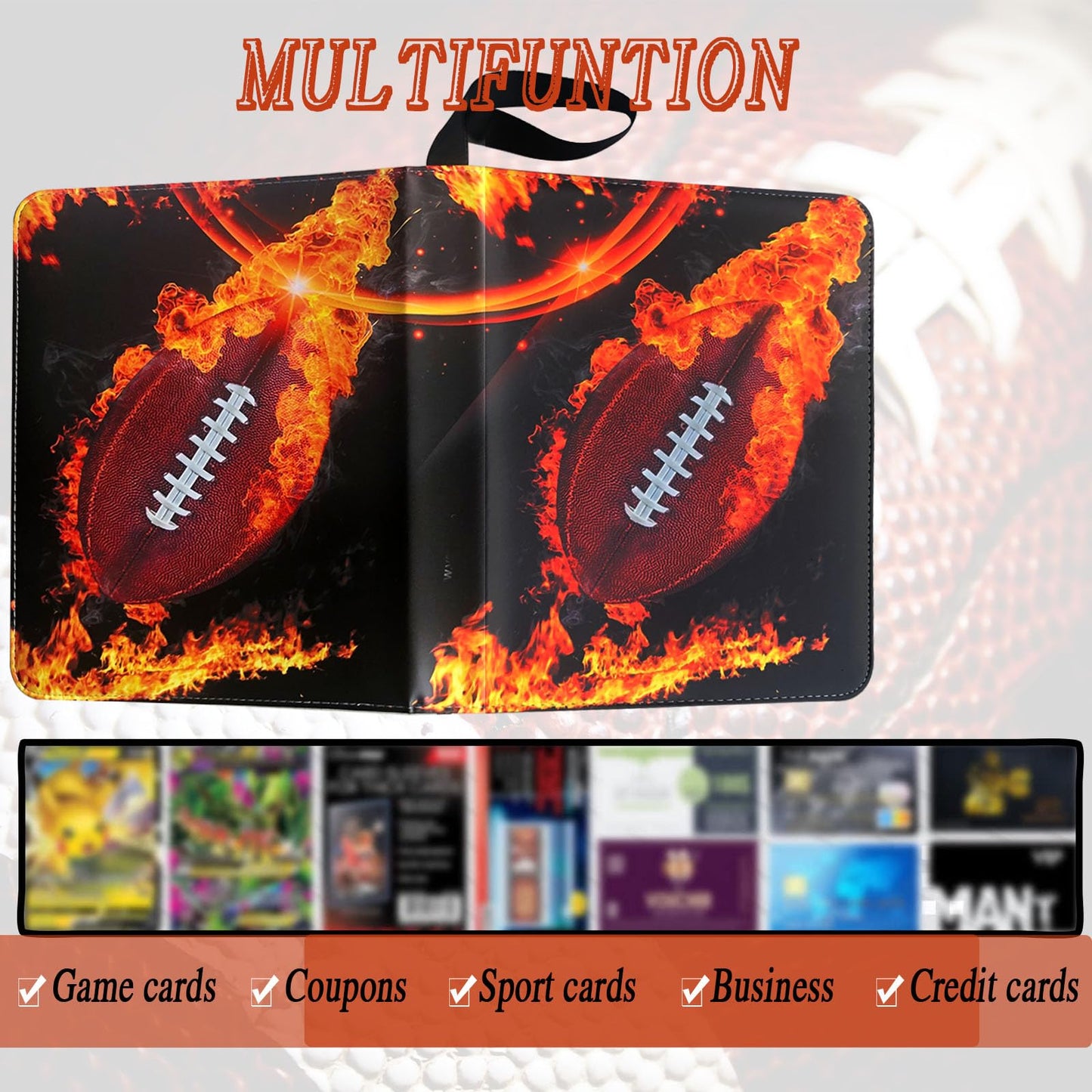 Football Card Binder 900 Pockets, Trading Card Binder Holder with 50 Removable Sleeves Fits 900 Sport Cards, Football Card Gifts Collector Album with Zipper Storage Display Case