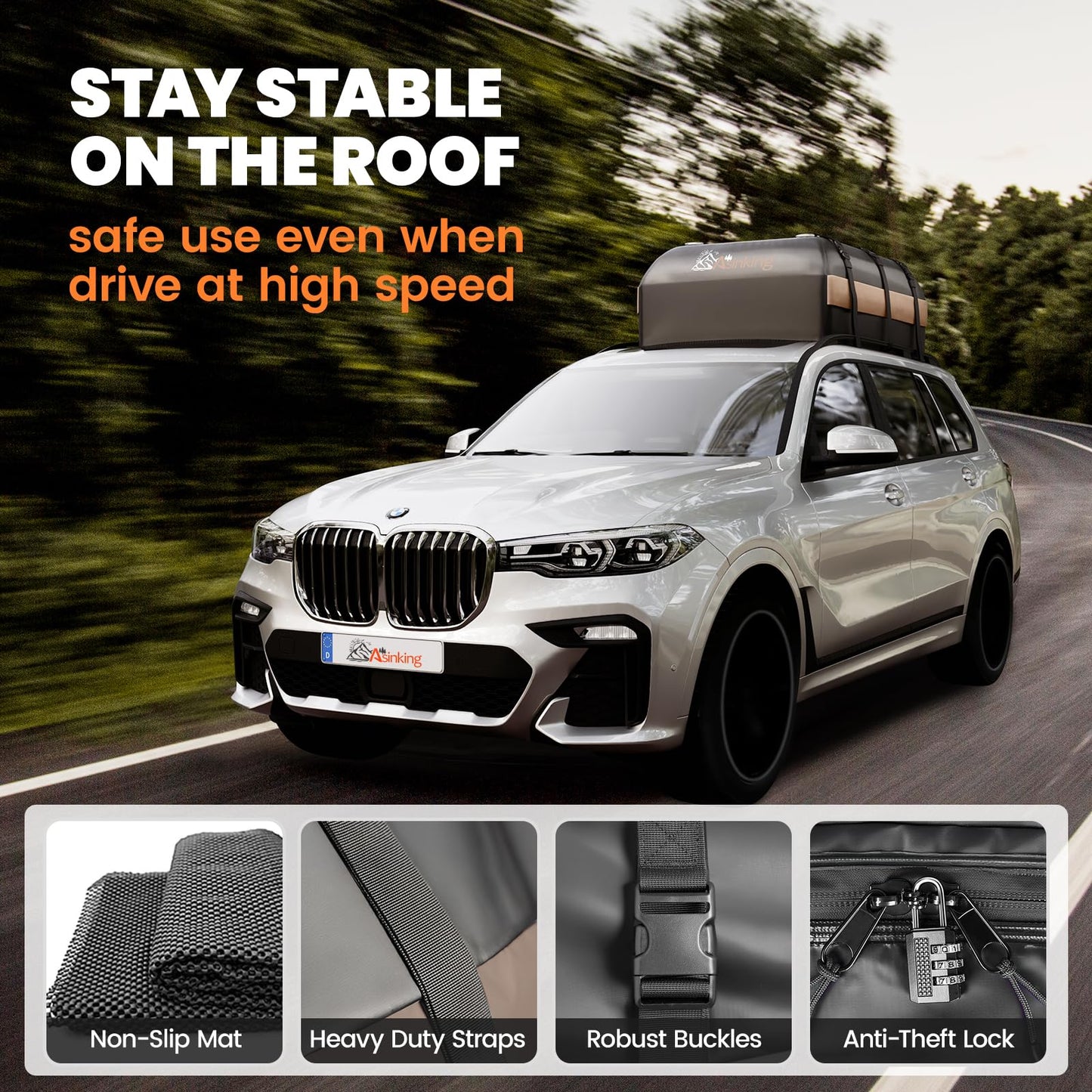 Asinking Car Rooftop Cargo Carrier Bag, 15 Cubic Feet Waterproof Roof Cargo Bag for Sedan SUV Minivan, Fit Vehicles with/Without Roof Rack, Sidebars & Crossbars - Max Size 44" L x34 W x17 H