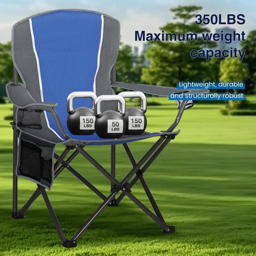 HIGH POINT SPORTS Portable Camping Chair, Heavy Duty Outdoor Folding Chair with Armrest, Foldable Camp Chair with Cup Holder, Portable Lawn Chair for Adults Support 350 LBS, Blue-Gray