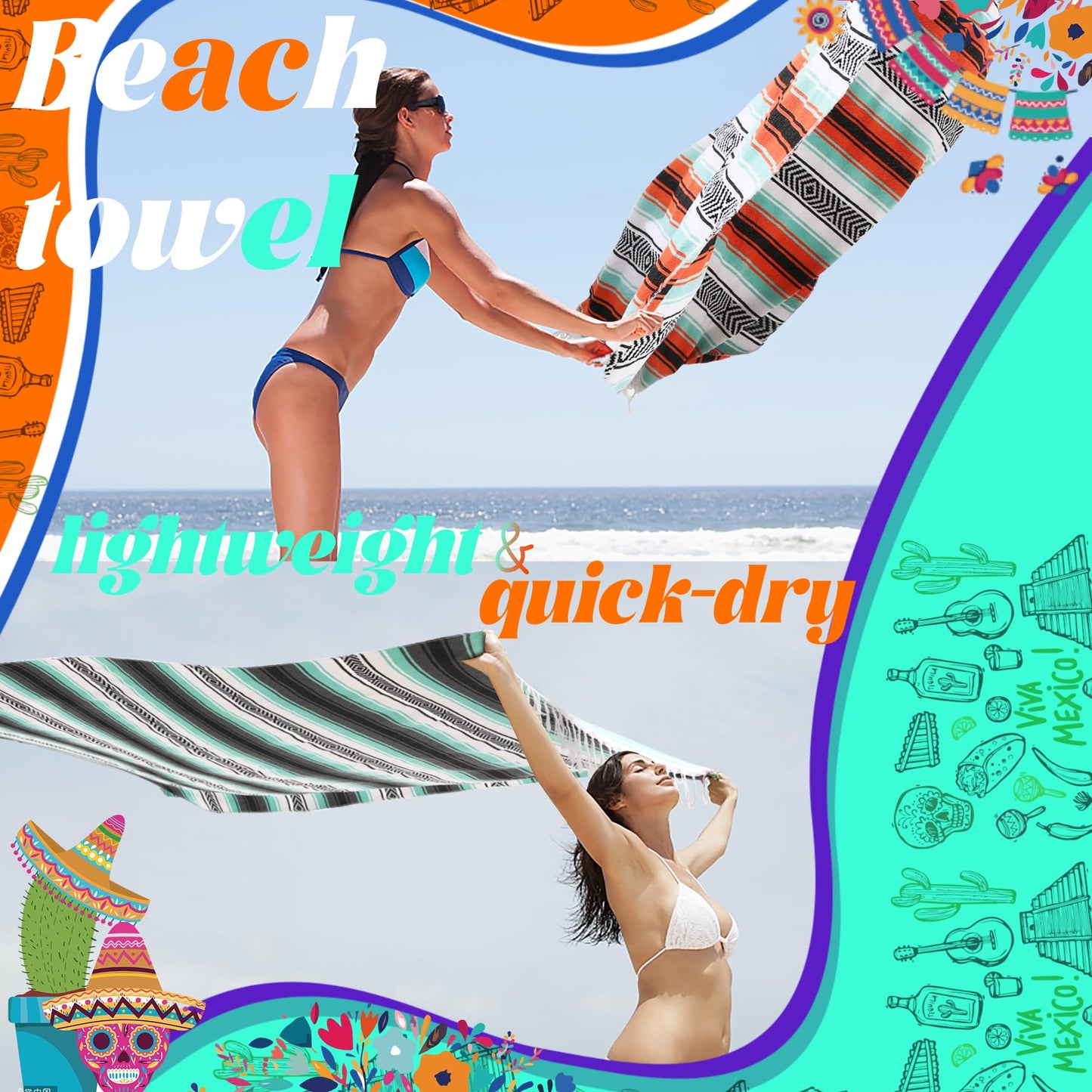 Genovega Mexican Throw Blanket Lightweight Serape Outdoor Extra Large Picnic Camping Blanket Beach Blanket Turkish Towel Sandproof Honeymoon Gift Fast Dry XL Compact Tent Gadgets 60" x 78" Mint