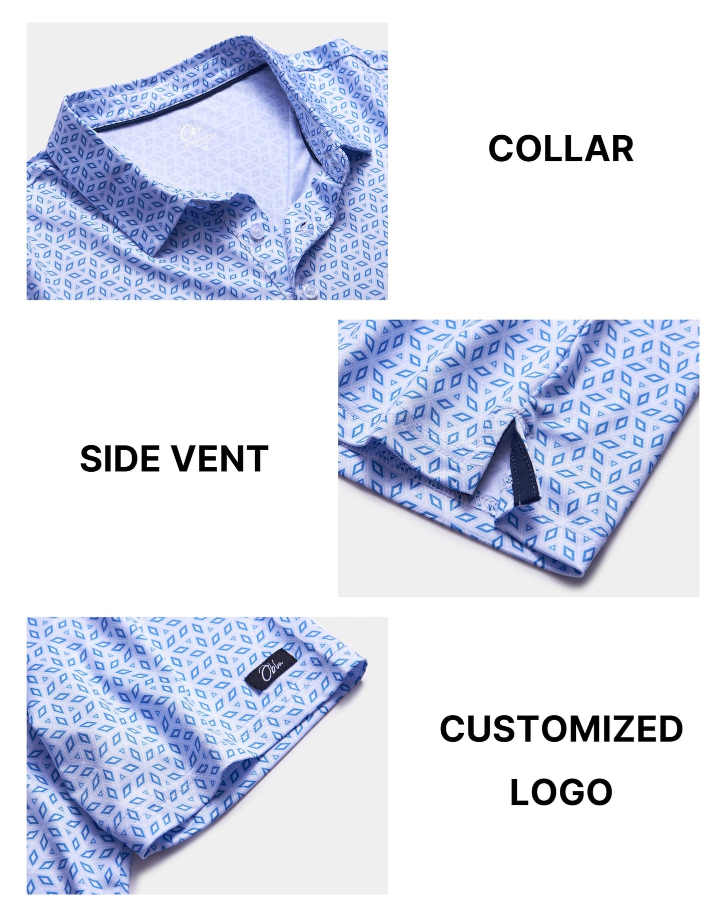 Obla Mens Golf Polo Shirts Short Sleeve Dry Fit Performance Moisture Wicking Casual Print Collared Golf Shirts for Men (Light Blue Diamond_L)