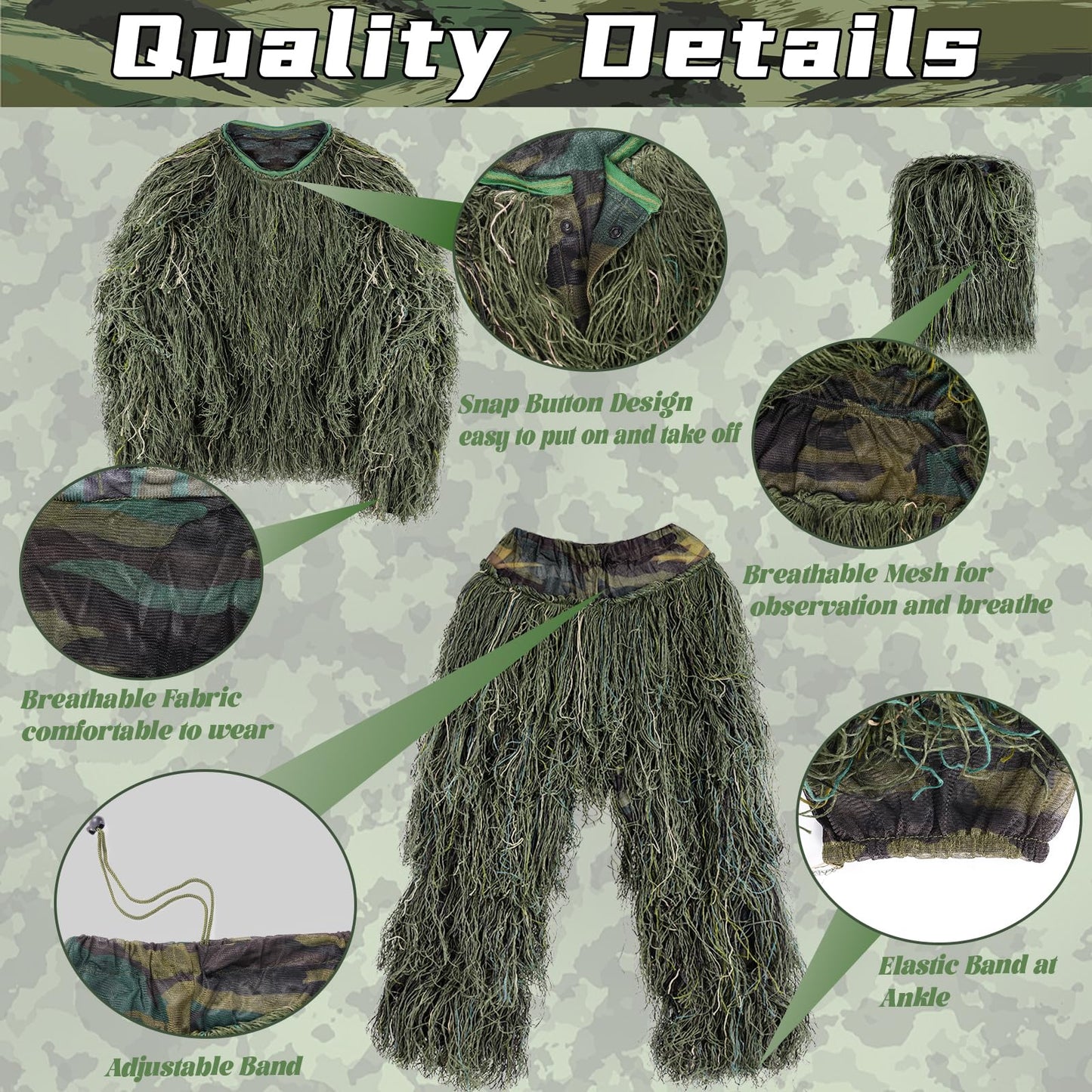 5 in 1 Ghillie Suit, 3D Camouflage Hunting Apparel, Suitable for Hunting, Sniper, Halloween Costume (SM,ML,XL)