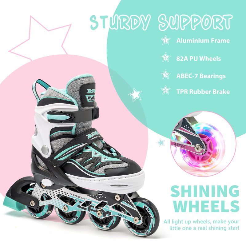 2PM SPORTS Cytia Pink Girls Adjustable Illuminating Inline Skates with Light up Wheels, Fun Flashing Beginner Roller Skates for Kids (Mint, Large - Youth (3-6 US))