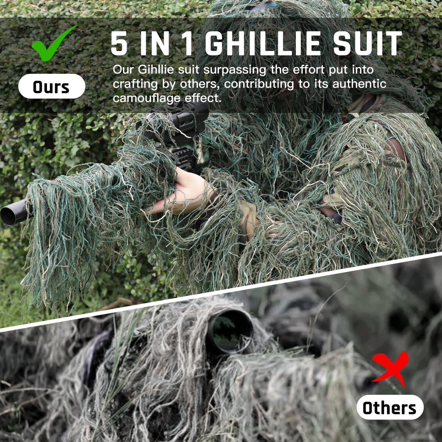 afzdby 5 in 1 Ghillie Suit,3D Camouflage Hunting Apparel Including Jacket,Pants, Hood, Carry Bag Suitable for Unisex Kids men