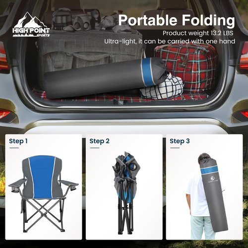 HIGH POINT SPORTS Portable Camping Chair, Heavy Duty Outdoor Folding Chair with Armrest, Foldable Camp Chair with Cup Holder, Portable Lawn Chair for Adults Support 350 LBS, Blue-Gray