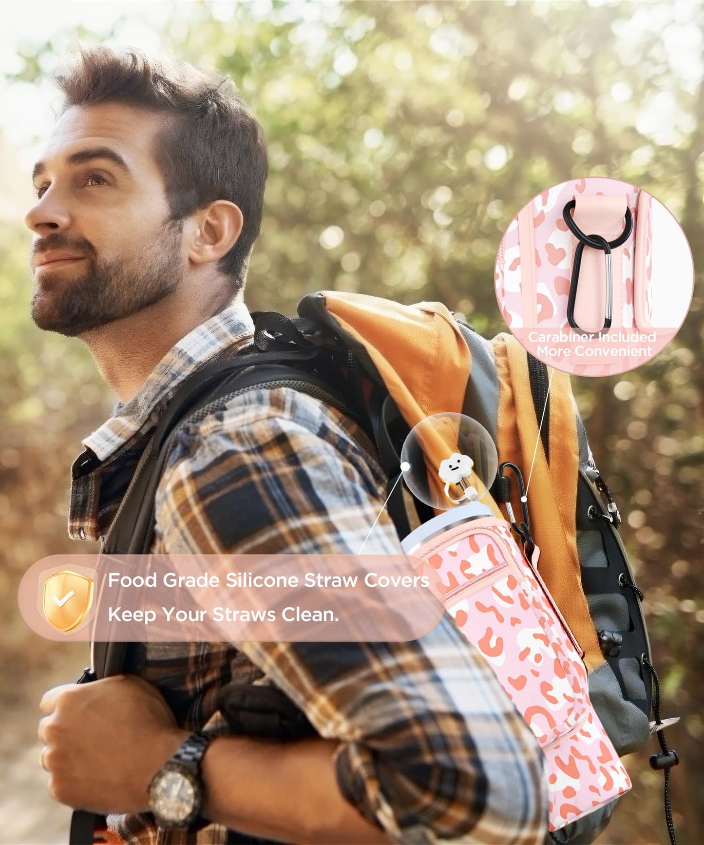 40OZ Water Bottle Carrier Bag with Phone Pocket Gray+Pink Leopard