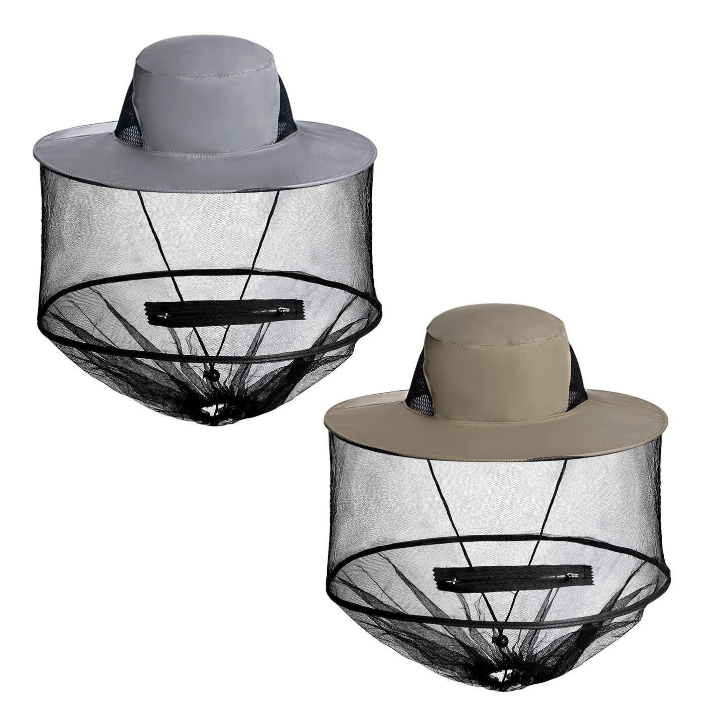 Sucrain 2 Pack Mosquito Head Net Hat Sun Hat Garden Bug Hat with Hidden Net Mesh for Outdoor Gardening (Dark Beige, Dark Grey)