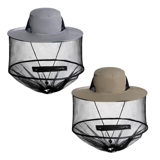 Sucrain 2 Pack Mosquito Head Net Hat Sun Hat Garden Bug Hat with Hidden Net Mesh for Outdoor Gardening (Dark Beige, Dark Grey)