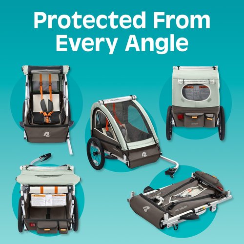 Retrospec Rover Plus Bike Trailer for Kids - Foldable Single/Double Passenger Design with 5-Point Safety Harness, Weather-Resistant Fabric & Safety Flag - 40-80 lbs