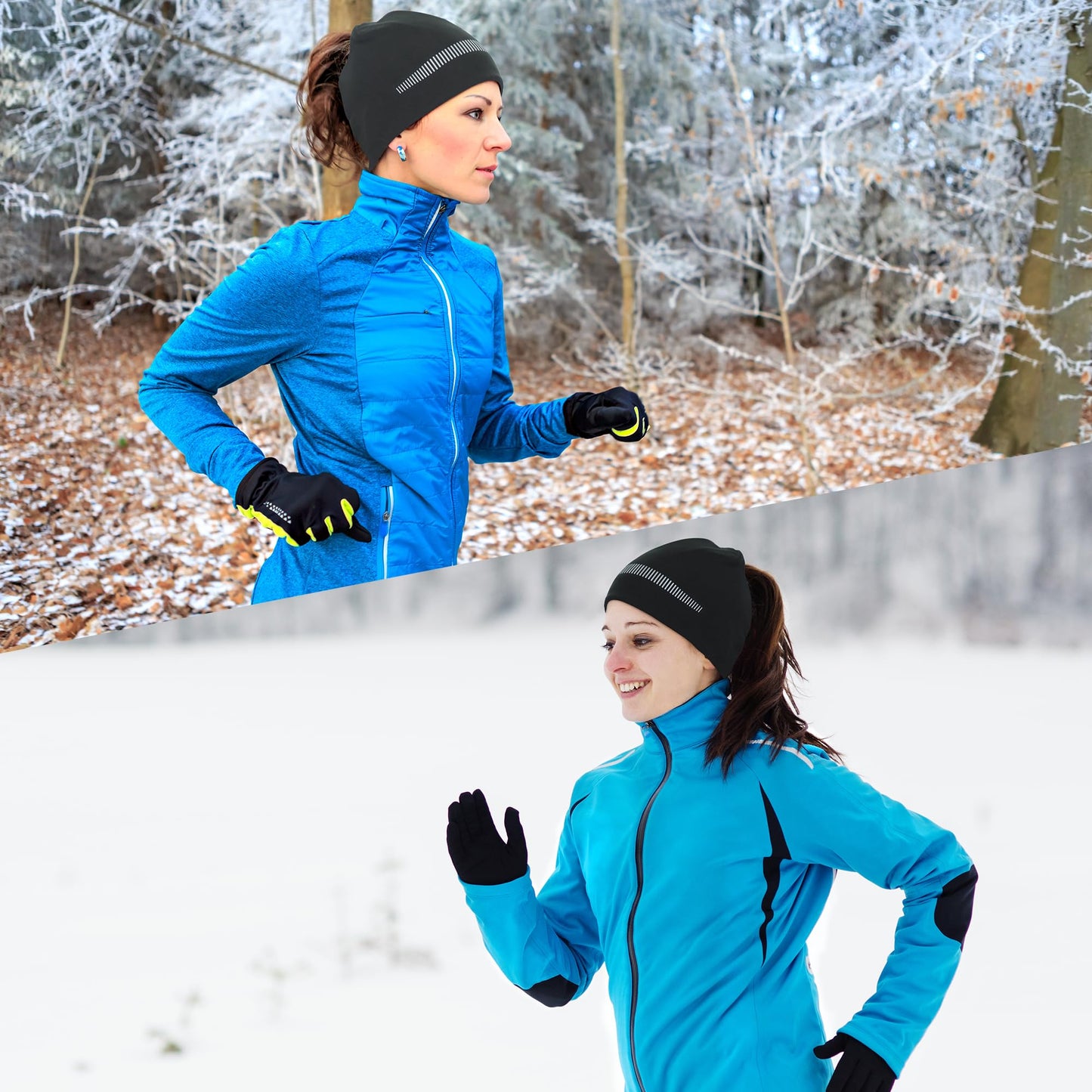 GADIEMKENSD Ponytail Beanie for Women Running Winter Hat with Reflective Accents Thick Warm Skull Cap Messy High Bun Hat for Cold Weather Ski Snowboard Hiking Workout Golf Black