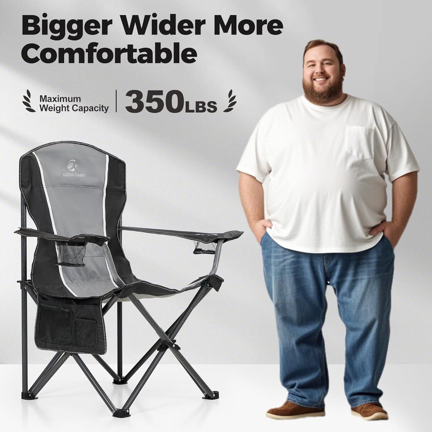 ALPHA CAMP Oversized Camping Folding Chair - Heavy Duty Steel Frame Support 350 LBS, Collapsible Padded Arm With Cup Holder, Quad Lumbar Back, Portable for Outdoor/Indoor