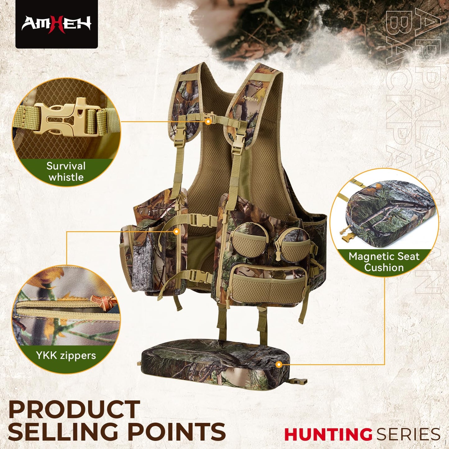AMHEH Tactical Outdoors Vest for Men Hunting Vest with Magnetic Seat Cushion Game Pouch Adjustable Breathable Gear Accessories