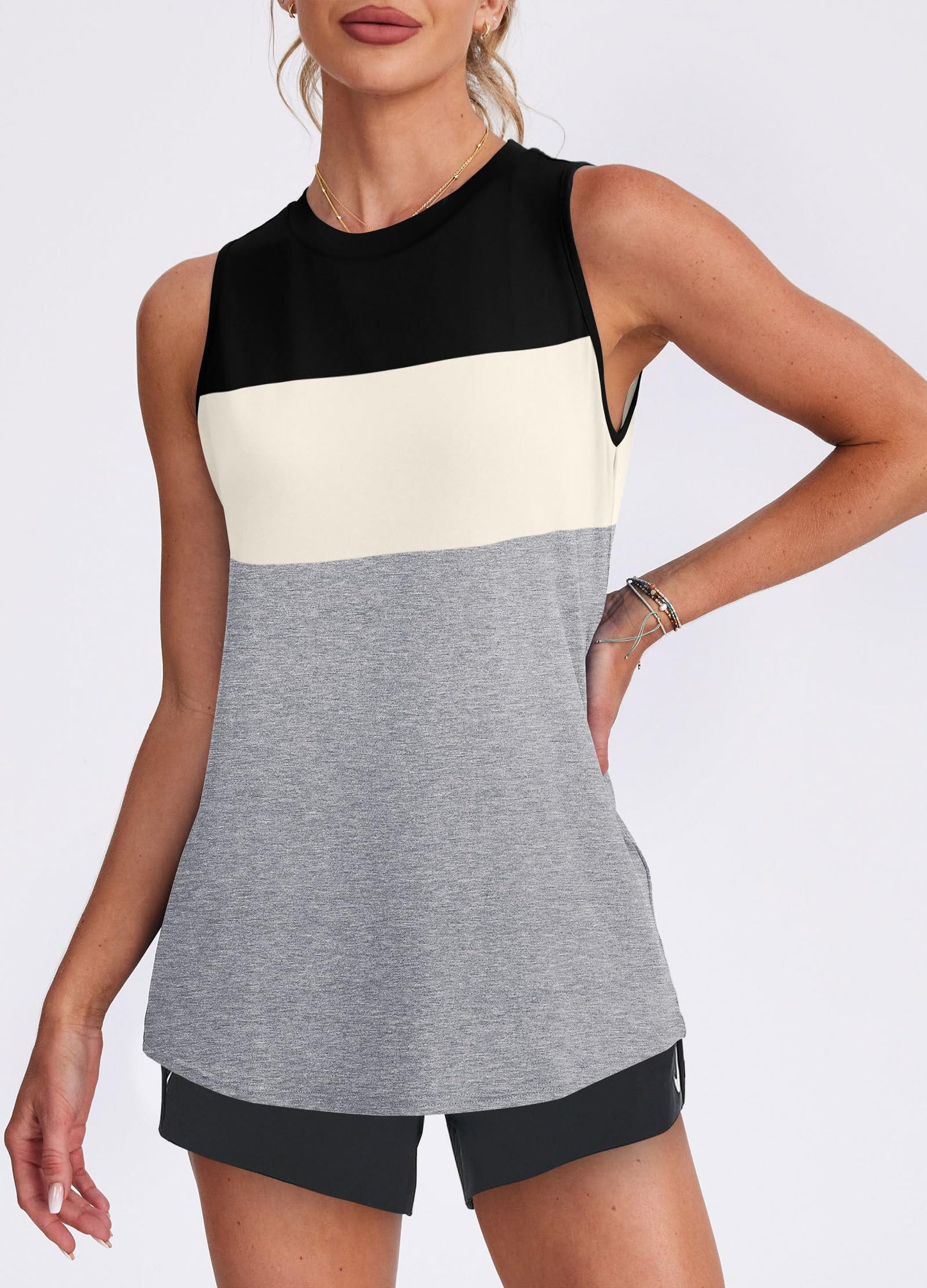 Womens Workout Tops Athletic Sleeveless Shirts Exercise Running Tank Tops Active Gym Tops Black White Grey L