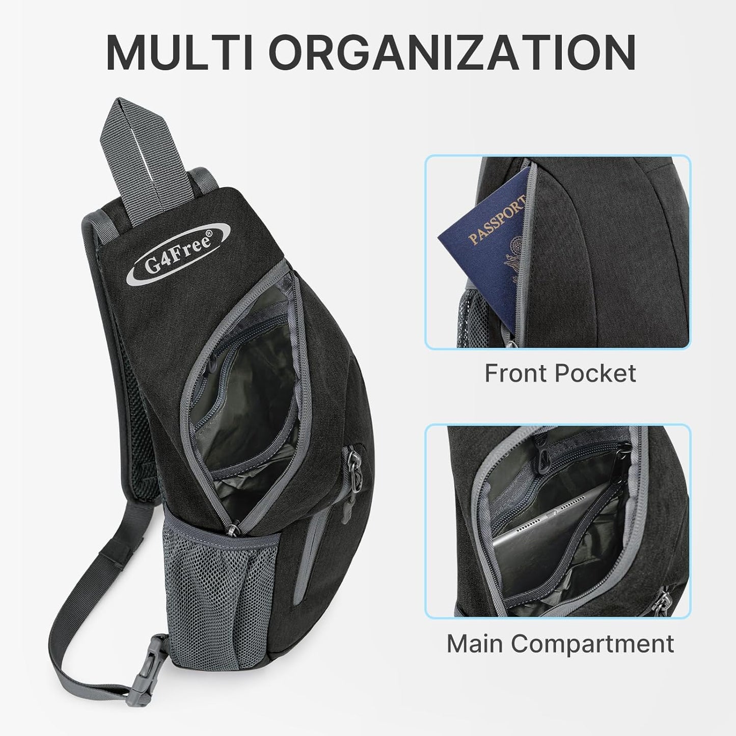 G4Free Sling Bag for Men Women, Small Crossbody Backpack Lightweight Chest Shoulder Bags for Travel, Outdoor and Sports (Black)