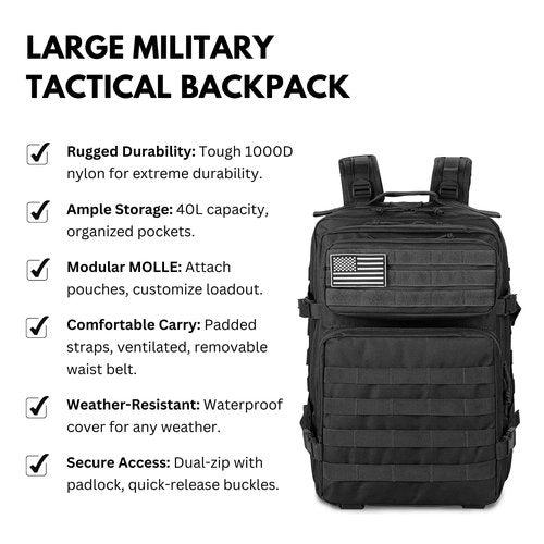 Ciana Large Military Tactical Backpack Bug Out Bag Rucksack for Men Large Capacity Rucksacks Army Outdoor Assault Pack Go Bag for Hunting (Black)