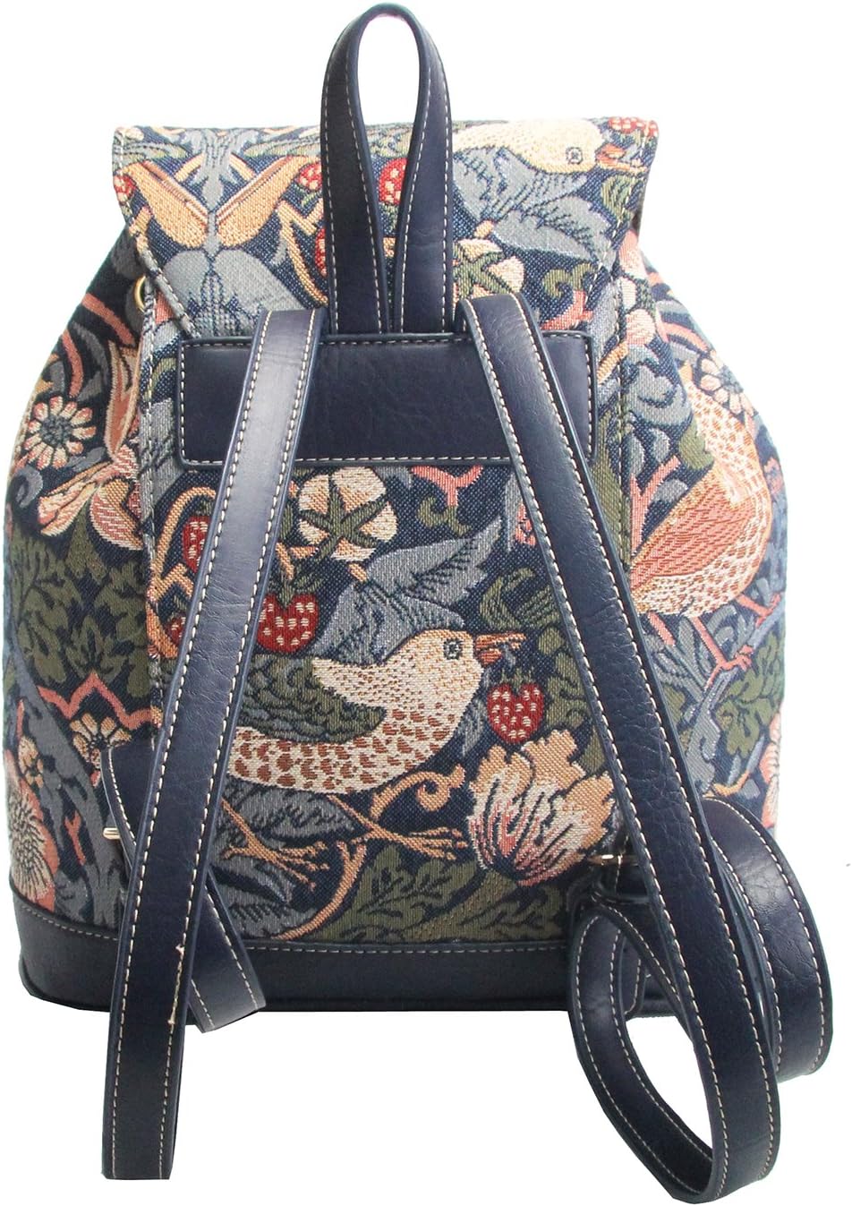 William Morris Strawberry Thief Tapestry Flap Buckle Pull String Backpack by Signare