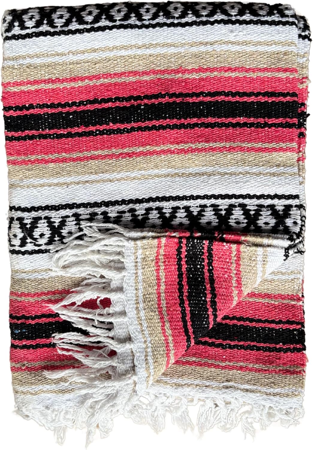 Authentic Del Mex Large Mexican Blanket - Woven Falsa Throw (70"x50") for Beach, Yoga & Outdoor Decor - Pink/Tan