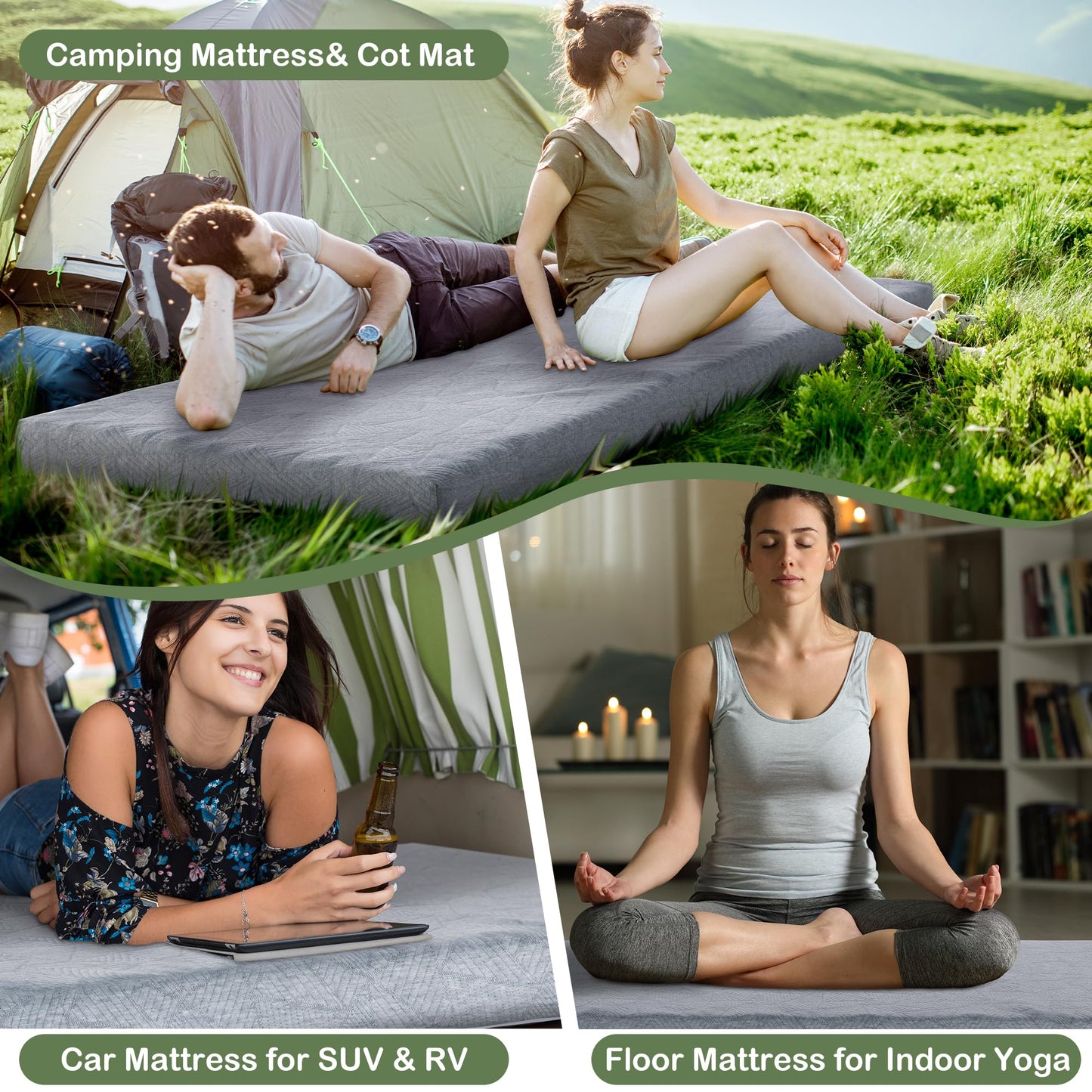 HOMBYS Memory Foam Camping Mattress for Outdoor Sleeping, Roll Up Porable Camping Mattress Pad Mat with Knitted Cover for Travel Truck Bed Tent (Light Grey, Single-75"x30"x3")