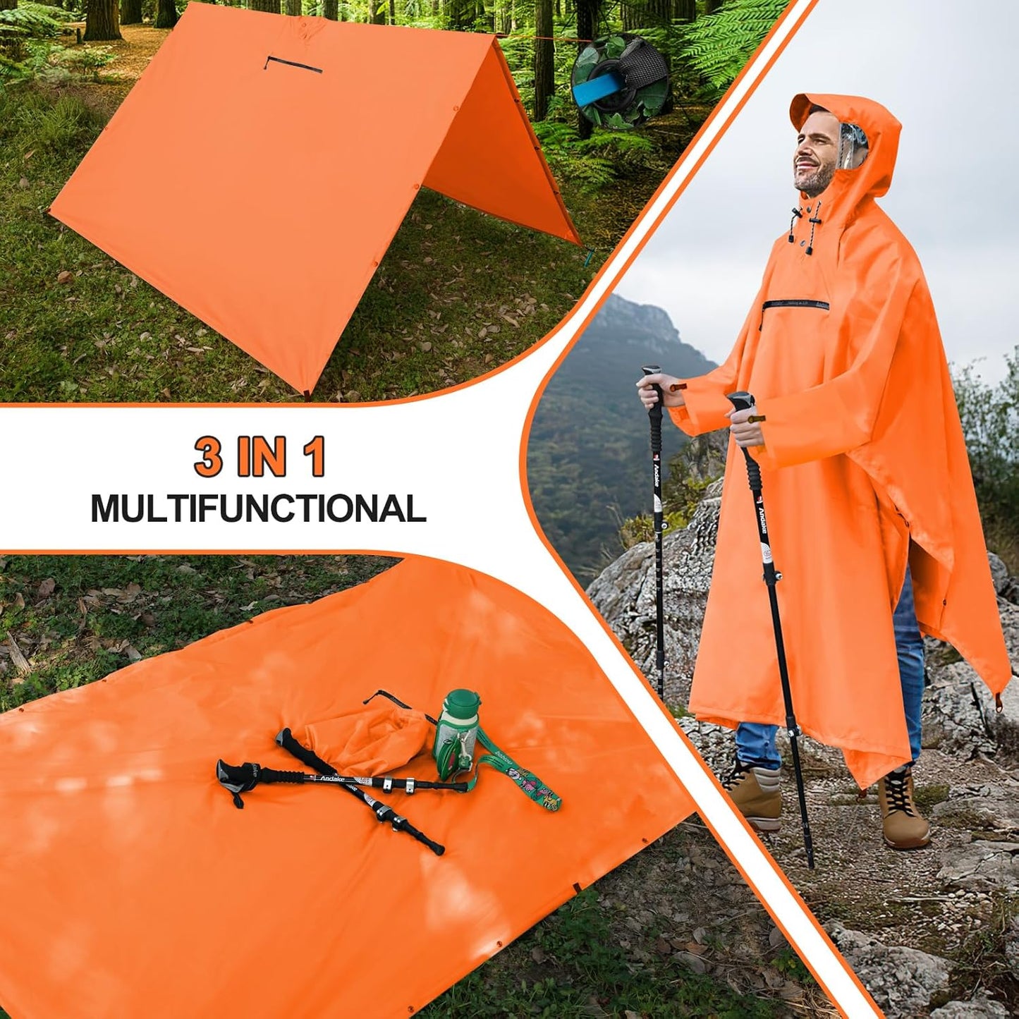 Andake Waterproof Rain Poncho for Adults Unisex,230T Ripstop Polyester,Raincoat Gear with Transparent Viewing Window Outdoors
