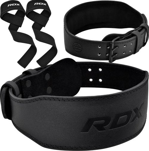 RDX Weight Lifting Belt Gym Fitness, Cowhide Leather, 4” 6” Padded Lumbar Back Support, 10 Adjustable Holes with Weight Lifting Straps, 5MM Neoprene Padded 60CM Hand Bar Support Wrist Straps
