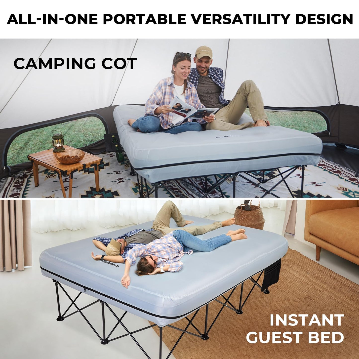 FUNDANGO 2 Person Cot Queen Size, Folding Airbed Mattress, Double Camp Bed with 2 Cup Holders, Removeable Cover for Adults Outdoor Travel,Carry Bag Included (Grey)