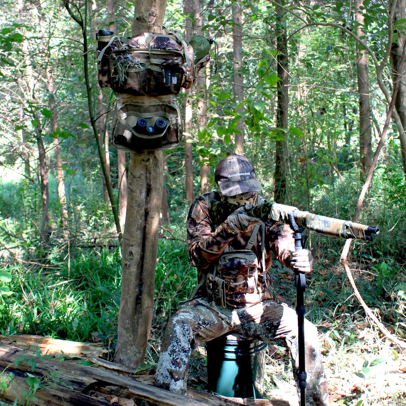 AUSCAMOTEK Camouflage Hanging Bag for Treestand Platform Saddle Hunting – Camo Fanny Pack for Hunting Accessories and Storage with Expandable Compartments and Water Holder