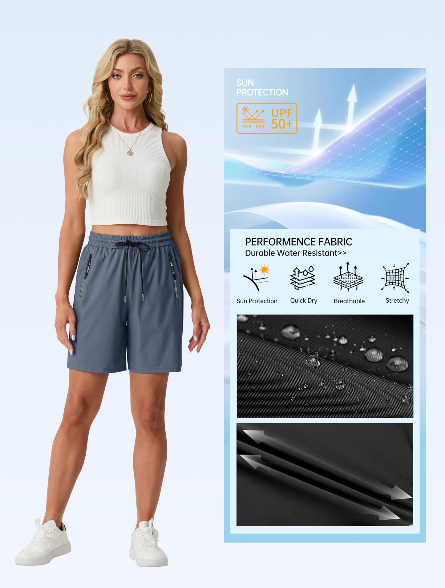 IWOLEENCE Women's 7" Athletic Shorts Quick Dry Stretch Lightweight Hiking Summer Long Shorts for Ladies Cargo with 2 Zipper Pockets Navy Blue, L