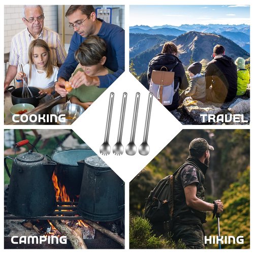 Minatee 4 Pieces Titanium Long Handle Spork and Spoon 8.4 Inch Ultralight Portable Flatware Lightweight Soup Spoon Camping Spork Utensil for Outdoor Camping Backpacking Hiking Travel Picnic (Silver)