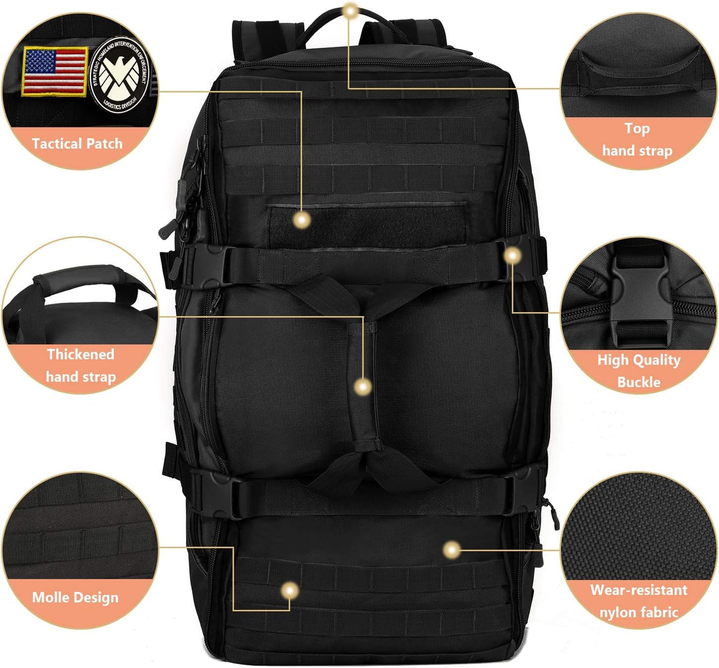 ArcEnCiel60L Outdoor Tactical Duffel Backpack Military Waterproof Suitcase Sport Luggage Hiking Camping Bag（Rain Cover+Patch）