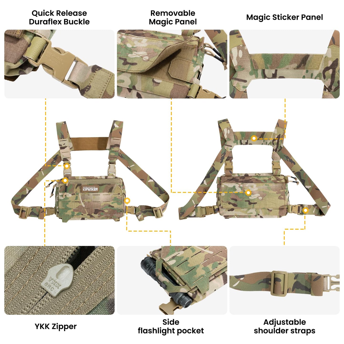 EXCELLENT ELITE SPANKER Tactical Chest Rig Pack EDC Chest Bag Molle Utility Chest Pouch Lightweight for Outdoor Hunting Workouts Hiking(Multicam)