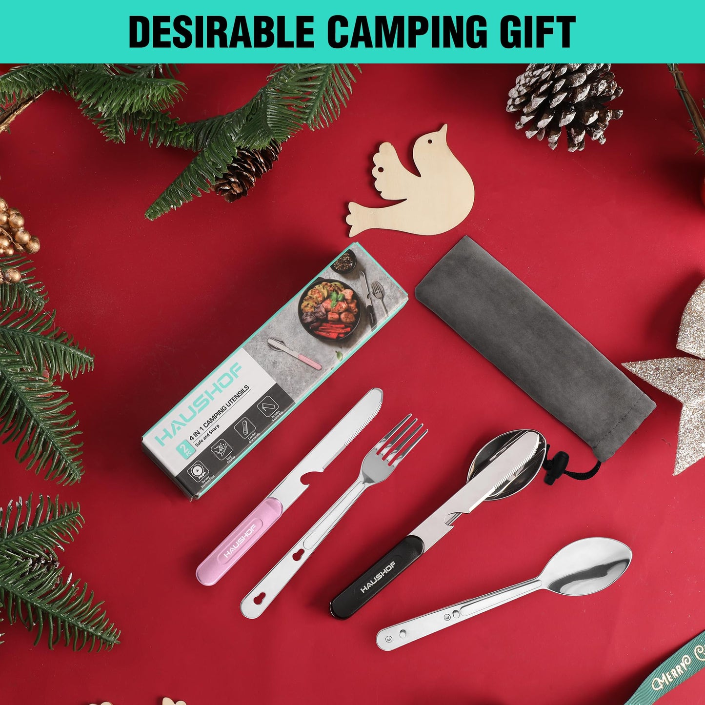 HAUSHOF 2-Pack 4-in-1 Camping Utensils, Stainless Steel Camping Eating Utensils with Carrying Bag, Detachable Spoon, Fork, Knife, Bottle Opener - Travel Utensil Set for Hiking, Picnic, Barbecue