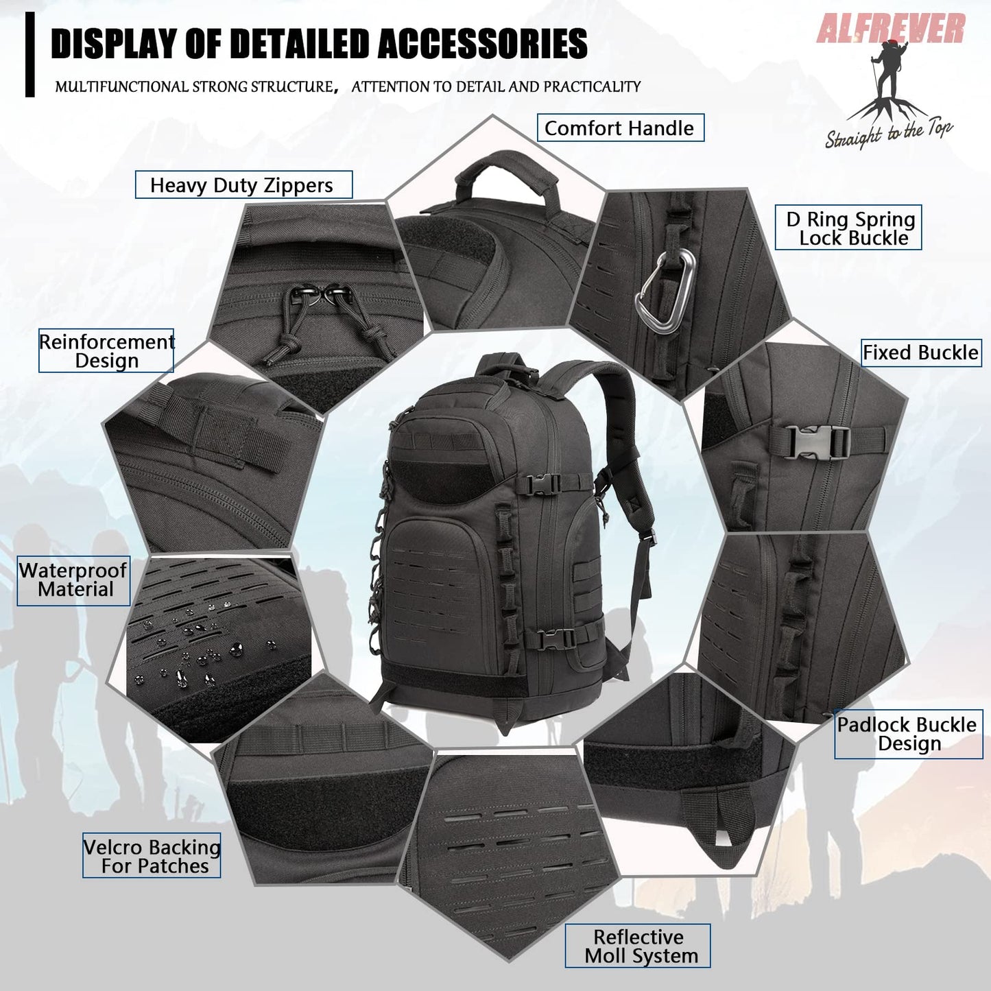 ALFREVER 38L Military Tactical Backpack Pack Bag|Army Backpacks|Large Camping Hiking Rucksack Daypack for Outdoor Women Man