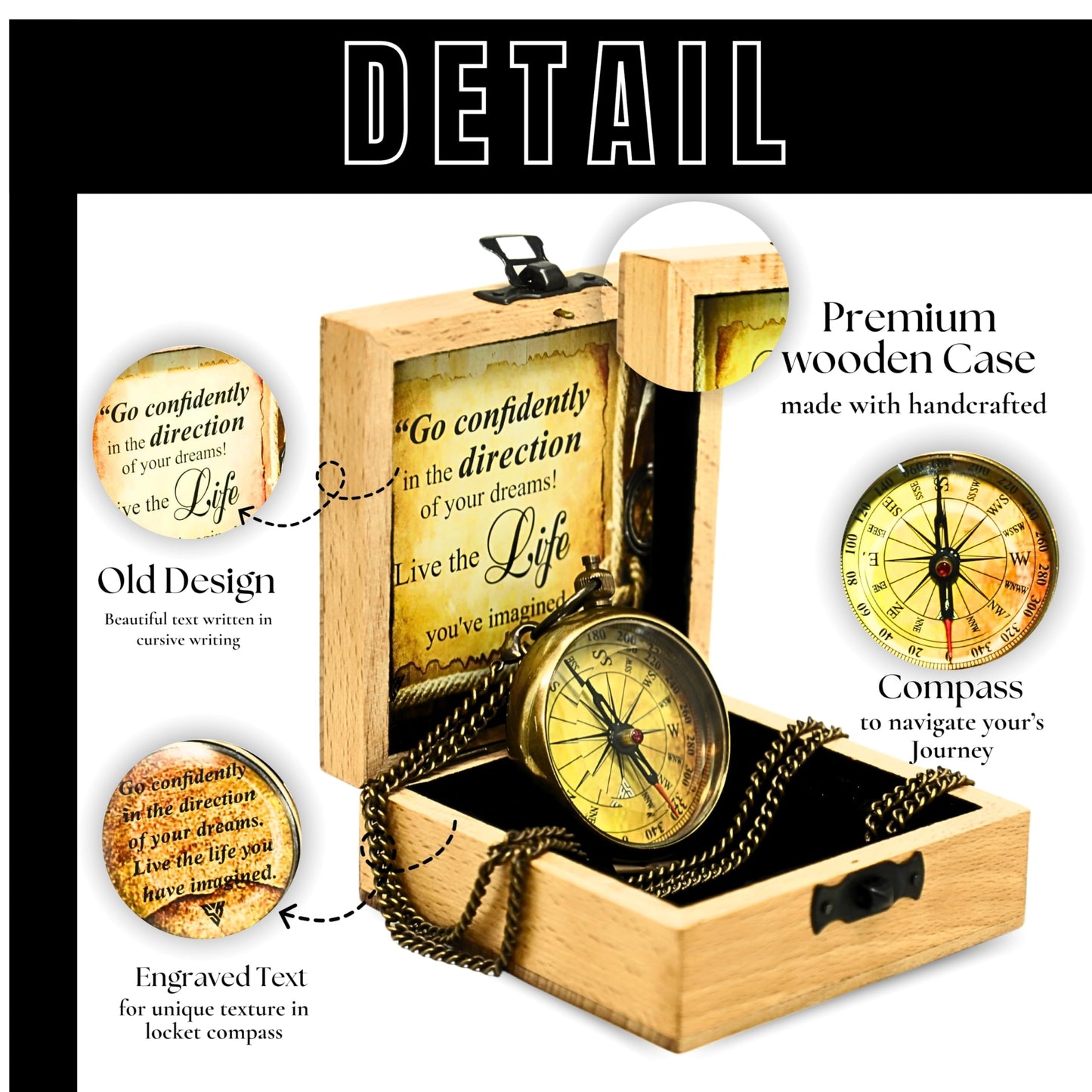 Antique Pocket Compass with Wooden Box for Gift on Birthday Compass Engraved with Inspirational Quotes, Brown Gift for Birthday Anniversary