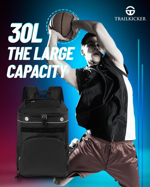 TRAILKICKER Basketball Bag Backpack with Ball Holder Multi-Sport Backpack for Soccer Volleyball Football Baseball Helmet (TK11-Black, Medium)