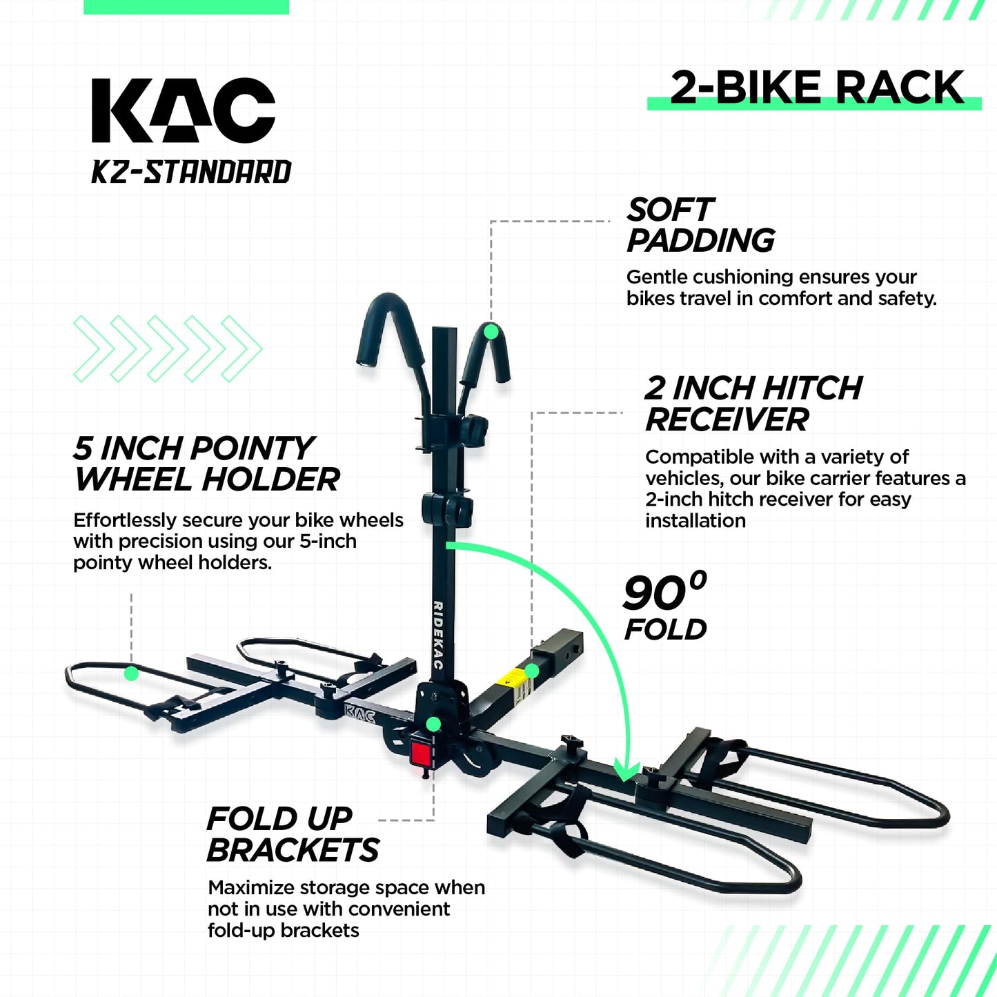 KAC Premium Bike Rack for Car, SUV, Hatchback Mount - Anti-Wobble Hitch & Quick Release Lever for Bikes - Heavy Duty Bicycle Carrier, Easy to Assemble/Install - Tire & Frame Straps Included (2 Bikes)