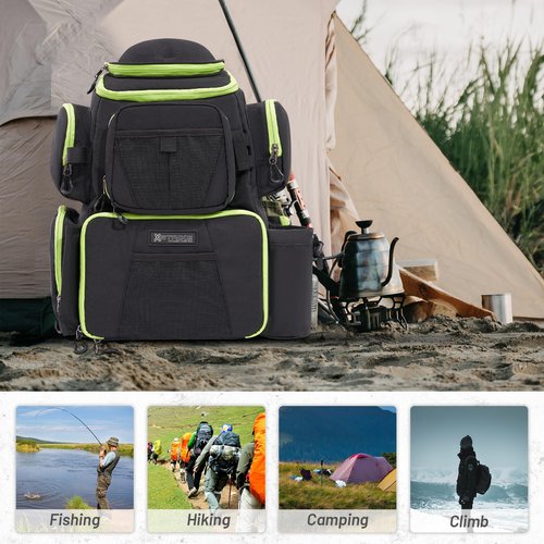 X Strike Fishing Tackle Backpack, 48L Large Fishing Bag with Rod Holder, 4 Tackle Box and Protective Rain Cover, for Fishing Camping Hiking Hunting, Black