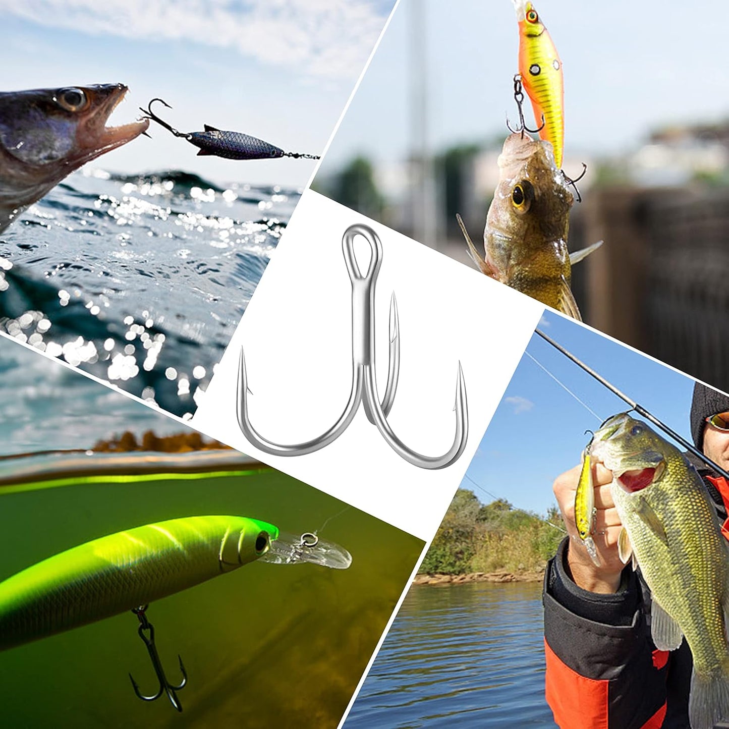 Shaddock Fishing Treble Hooks, Round Bend Short Shank Treble Hooks, High Carbon Steel, Wide Gap for Lures, Baits, Stripe, Trout, Bass, Salmon, Panfish 100/200PCS