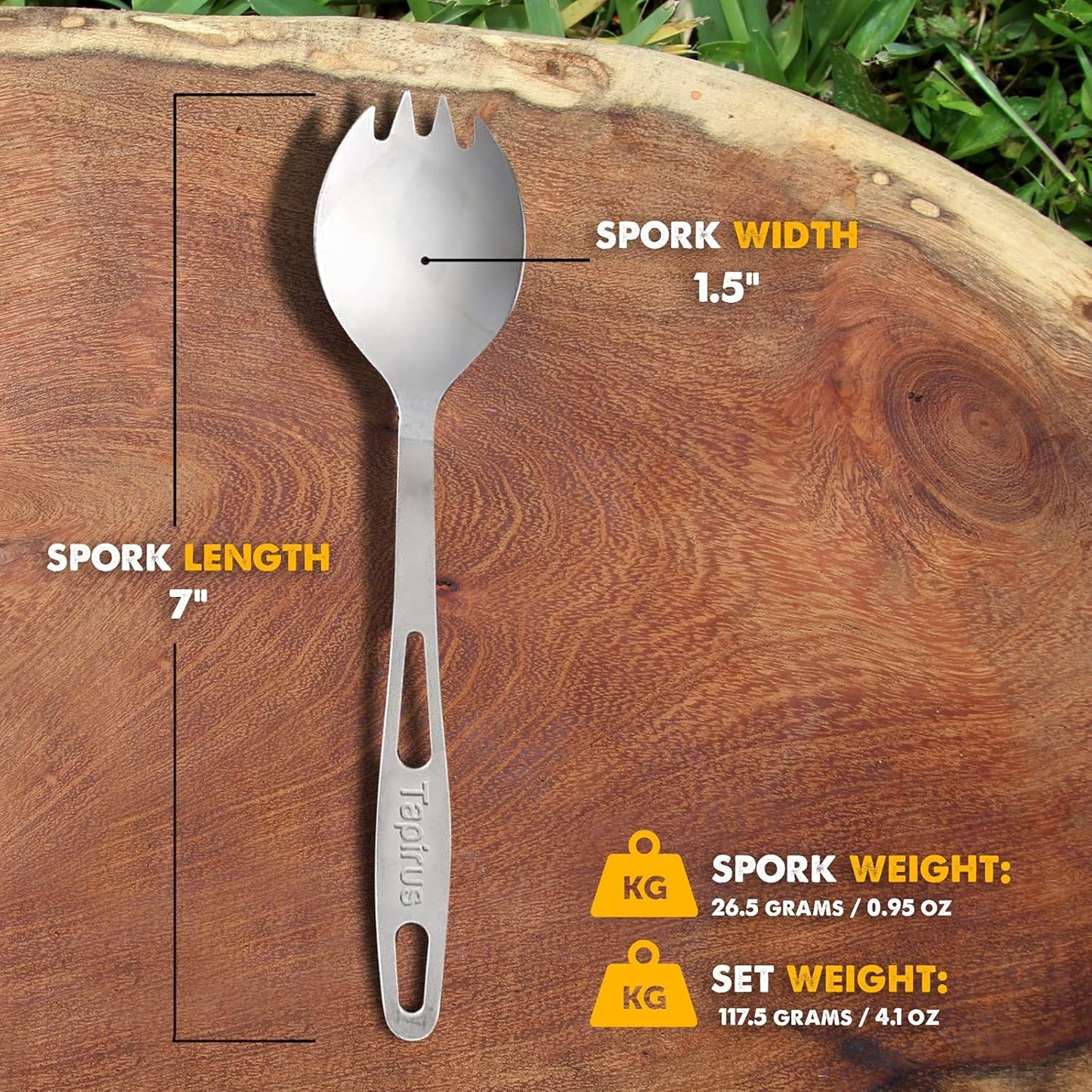 Tapirus Stainless Steel Classic Sporks Set of 4 - Save Space When Camping, Hiking or Backpacking - Heavy Duty Fire Proof Metal Tool - Long Handle, Reusable and Extra Light for Travel - with Case