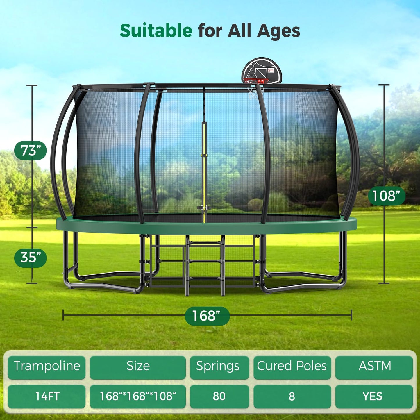 Tatub 14FT Upgrade Pumpkin Trampoline for Kids and Adults, Outdoor Recreational Trampolines with Basketball Hoop & Enclosure Net, Curved Poles & Storage Bag, Green
