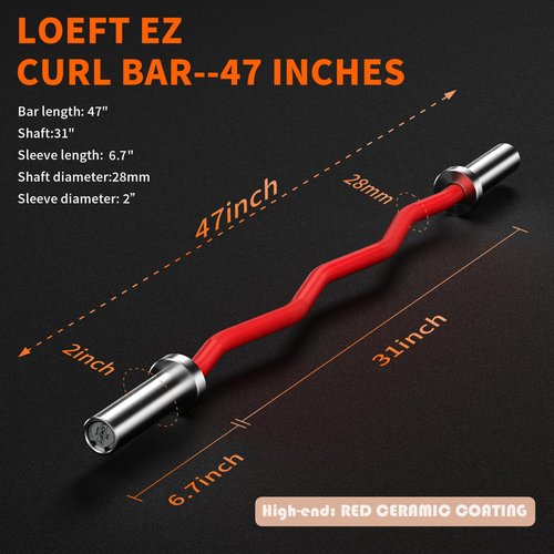 LOEFT EZ Curl Bar 47" Ceramics Finish Olympic Barbell 4 ft, 500 lbs Capacity with 4 Needle Bearings, Copper Sleeve for Weightlifting, Hip Thrusts, Squats and Lunge, for 2 Inch Weight Plates (Red Ceramics Finish)