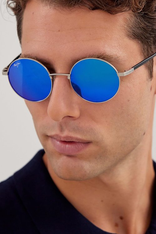 Maui Jim Mokupuni Round Sunglasses, Titanium/Blue Hawaii Polarized, Medium