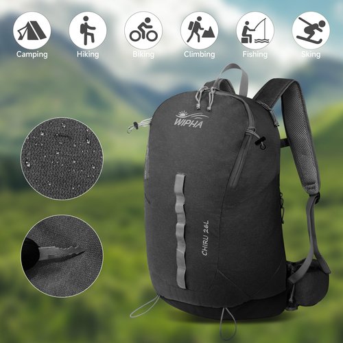 WIPHA 26L Lightweight Hiking Daypack with High Strength Aluminum Support, Small Travel Hiking Backpack for Women Men (Black)